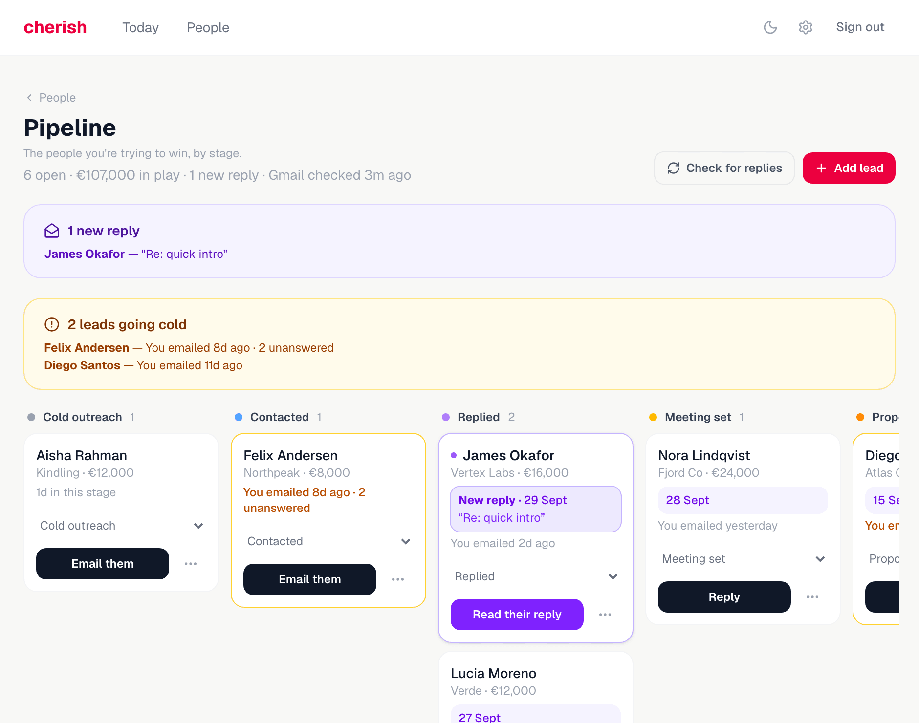 The Pipeline screen in Cherish: leads in stage columns, a banner for a new unread reply, and a warning that two leads are going cold.